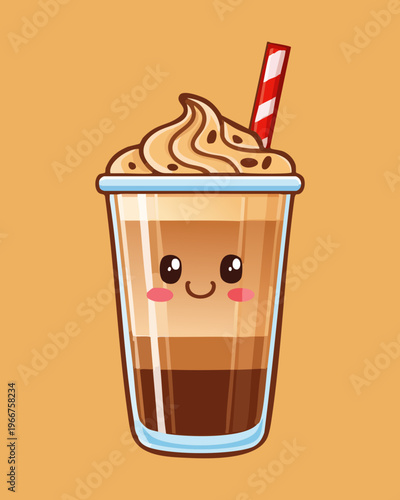 Cute smiling iced coffee glass with whipped cream for fun summer beverage mascot and sweet cafe marketing - Vector Illustration