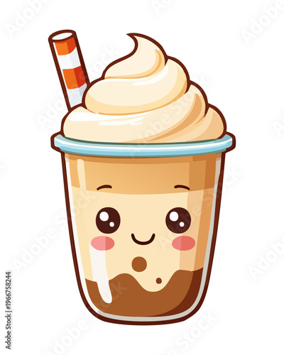 Layered iced coffee with cream in takeaway cup for summer refreshment and sweet caffeine beverage on the go - Vector Illustration