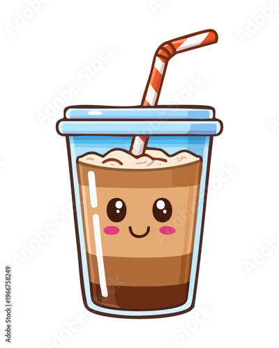 Happy iced coffee character with straw for fun summer party and refreshing caffeine drink branding for kids - Vector Illustration