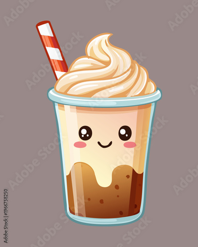 Cute smiling frappe character with whipped cream for fun dessert beverage branding and friendly cafe shop mascot - Vector Illustration