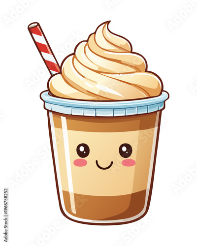 Happy little coffee frappe with whipped cream for fun summer beverage advertisement and sweet treat for kids - Vector Illustration