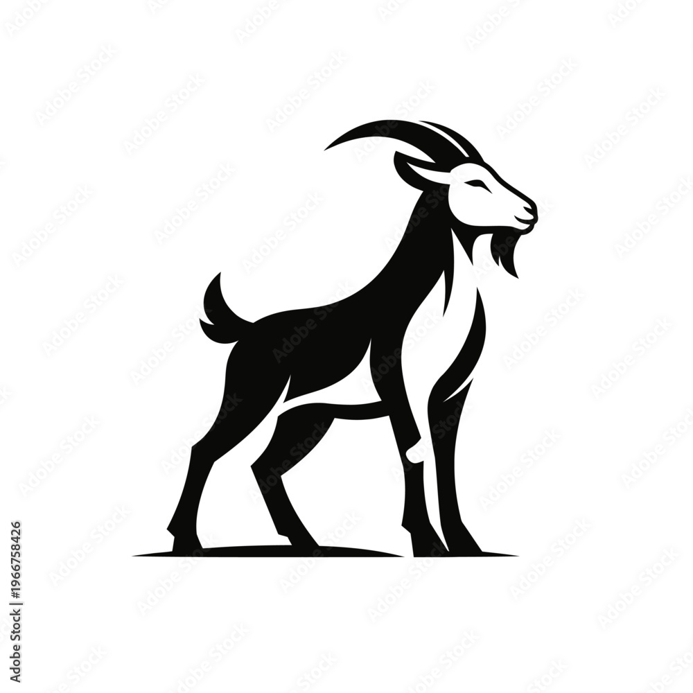 Fototapeta premium Black and white stylized goat logo, majestic horned caprine in profile with distinctive beard. Powerful, elegant, modern vector icon for branding, mascots, graphic design. Art.