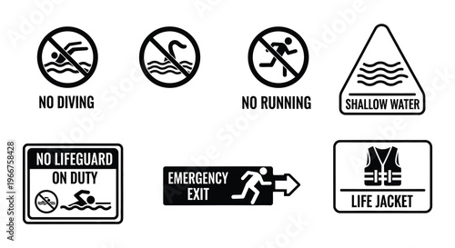 Safety signs depicting water restrictions emergencies and life saving equipment