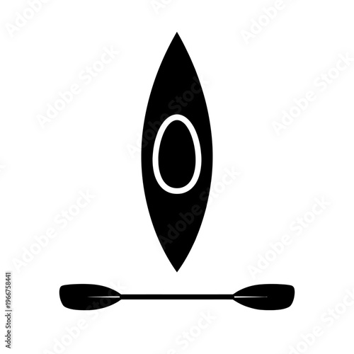 Black silhouette vector icon of a top-down kayak with an accompanying paddle, representing water sports, outdoor recreation, boating, and adventure activities. Perfect for web design, logos, or inform