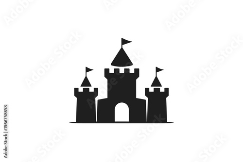 Black silhouette vector icon of a fairytale castle with three towers, crenellated tops, central arched entrance, and flags. Ideal for fantasy, royalty, medieval themes, magic, kingdoms, strongholds, h