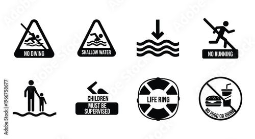 Safety signs depicting water restrictions emergencies and life saving equipment
