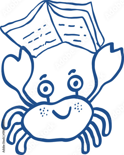 Hand drawn Blue Summer Cute Crab Book Lover Character, Blue Crab Reading a Book Line Art Vector
