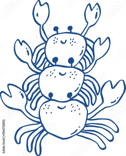 Hand drawn Blue Summer Cute Crab Character  Line Art Vector.