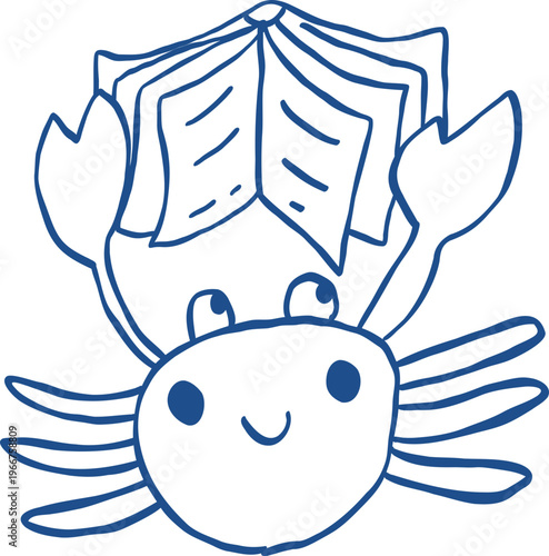 Hand drawn Blue Summer Cute Crab Book Lover Character, Blue Crab Reading a Book Line Art Vector