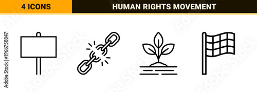 Minimalist Monoline Social Activism Icon Set featuring Human Rights, Equality, and Global Peace Symbols in Geometric Outline Style.