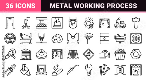 Industrial Metallurgy and Steel Manufacturing Outline Icon Set featuring Minimalist Monoline Engineering and Metalworking Symbols