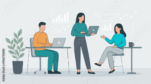 Business team collaborating in a modern office with data analytics visuals