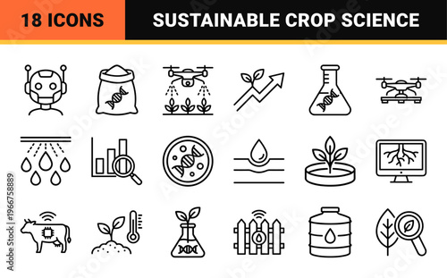 Smart Agriculture Agritech Icon Set featuring minimalist Monoline Symbols for Digital Farming, Biotechnology, and Sustainable Crop Management.