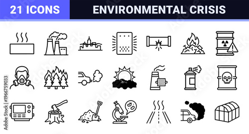 Air Pollution and Environmental Health Monoline Icons Featuring Industrial Emissions, Carbon Footprint, and Respiratory Safety Symbols.