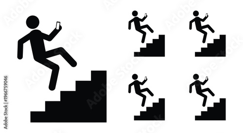 Stick figures illustrate the dangers of distracted walking on stairs