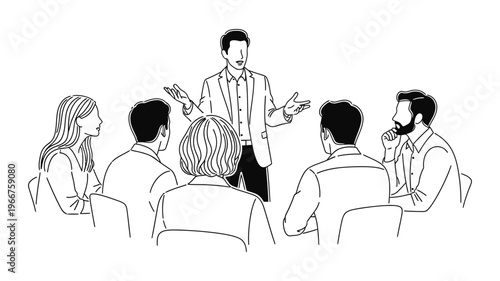 Business meeting with a presenter and audience.