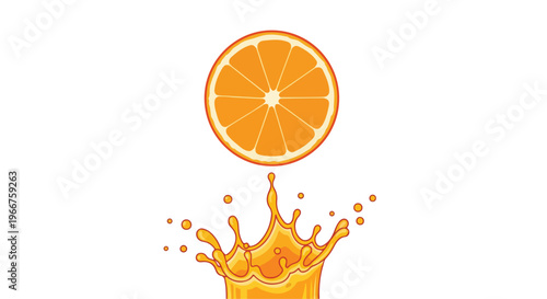 Fresh orange fruit slice with liquid juice splash, vibrant citrus fruit vector illustration. Refreshing orange juice drop and crown splash on white background.