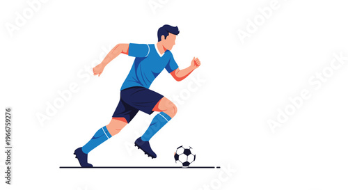 Male soccer player in blue jersey dribbling a football on white background during a competitive match or training session.