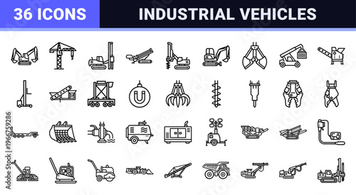 Heavy Construction Machinery Minimalist Monoline Art; Geometric Line Icons for Earthmoving, Mining, and Industrial Engineering Logistics.