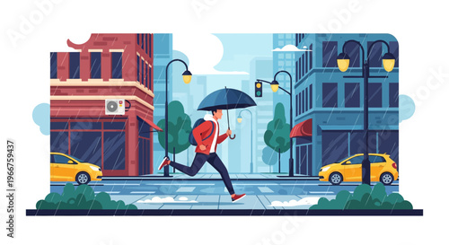 Man with umbrella running through rainy city street during downpour
