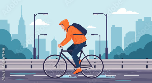 Man wearing an orange hooded jacket with a backpack cycling through rainy city streets
