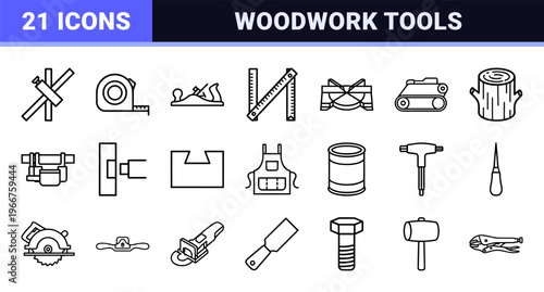 Professional Carpentry and Woodworking Tools Line Art; Minimalist Monoline Geometric Outline Symbols for Construction and Craftsmanship