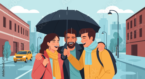Three joyous friends sharing an umbrella and laughing together in the city rain.