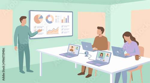 Business meeting with presenter, data analysis on screen, and remote participants
