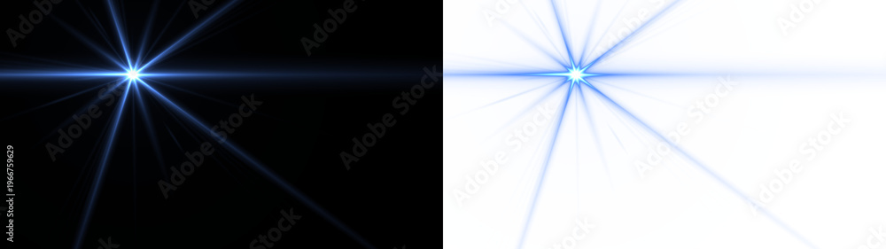 Fototapeta premium Brilliant glowing star with optical lens flare effect and radiant blue light beams isolated