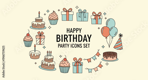 Collection of birthday party icons including cakes cupcakes gift boxes balloons and party hats in a circular frame.