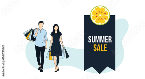 Fashionable man and woman walking with shopping bags next to a large blue summer sale tag with a lemon icon.