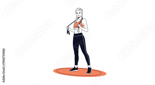 Young woman in sports outfit standing with a skipping rope around her neck ready for fitness training at home or gym.