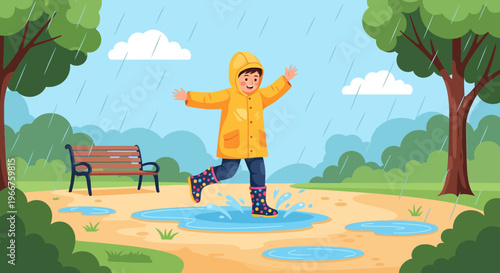 Joyful child in yellow coat splashing in puddles during rainy weather outdoors