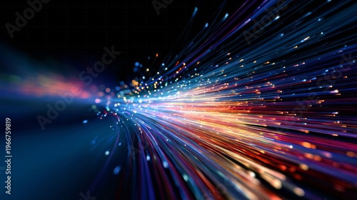 Light streaks race forward on a dark background, representing data transmission.