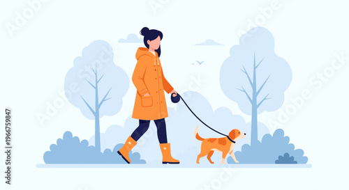 A woman walks her dog wearing an orange coat and boots in a stylized winter park setting