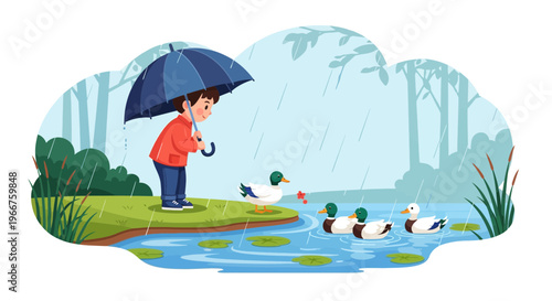 A young boy holding an umbrella, feeding ducks near a pond during a rainy day