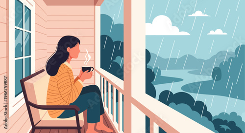 Woman enjoying a warm cup of tea on a rainy day, looking out from a cozy porch window.
