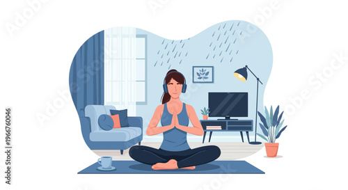 Woman in headphones practicing yoga indoors with rain outside, seeking calm and relaxation