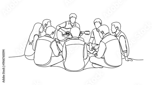 Continuous line drawing of people sitting in circle playing music together.