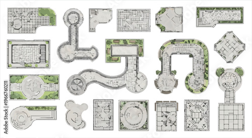 Fantasy dungeon map creator kit, 18 hand-drawn tabletop RPG battle map elements, medieval stone ruins and castle floor plan vector set
