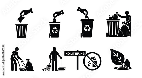 Pictograms illustrating proper waste disposal and environmental responsibility