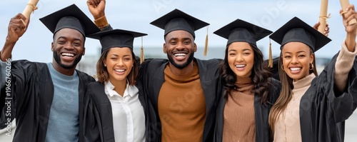 Multicultural college students celebrating graduation together wearing caps and gowns and holding diplomas