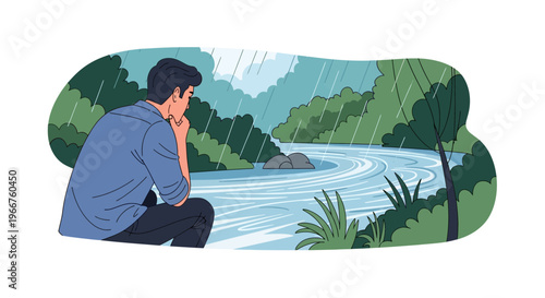 A man sits in contemplation by a river during a heavy rainstorm, surrounded by lush greenery.