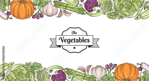 Hand drawn vegetable frame featuring pumpkin garlic asparagus cabbage and greens with a vintage style central label.