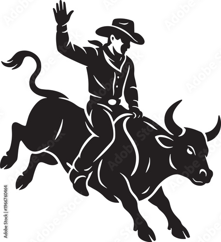 Cowboy bull riding rodeo event black and white stencil vector illustration.