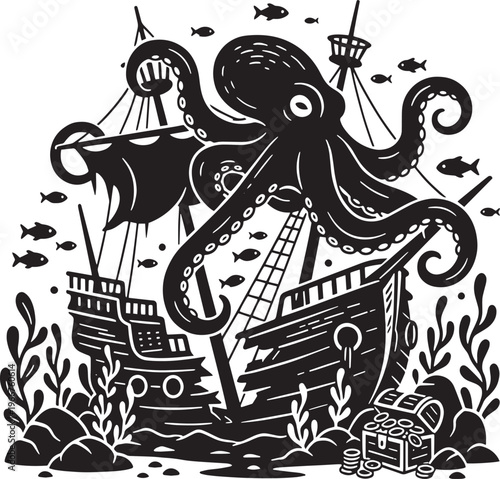 Octopus on sunken ship, treasure chest, underwater scene, pirate adventure theme.