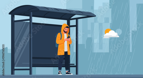 Man in yellow raincoat checking weather on phone at a rainy bus stop