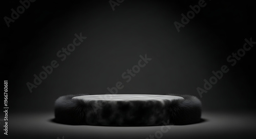 Dark gray pedestal with fluffy black rim in studio lighting