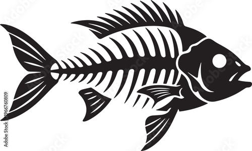 Fish skeleton silhouette icon aquatic bone structure anatomy isolated on grid background.
