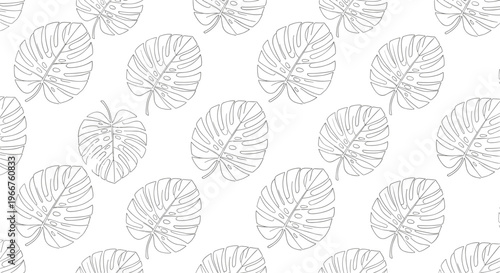 Simple black and white seamless pattern of monstera leaves drawn with dashed lines on a white background for print.